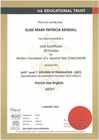Elise Kendall IOL Unit 1 Certificate