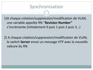 Synchronisation
1)A chaque création/suppression/modification de VLAN,
une variable appelée RN “Revision Number”
s’incrémente (initialement 0 puis 1 puis 2 puis 3…)
2) A chaque création/suppression/modification de VLAN,
le switch Server envoi un message VTP avec la nouvelle
valeure du RN
 