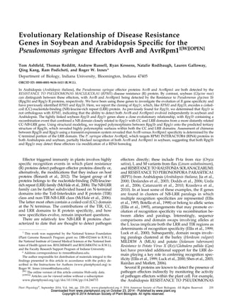 Evolutionary Relationship of Disease Resistance
Genes in Soybean and Arabidopsis Speciﬁc for the
Pseudomonas syringae Effectors AvrB and AvrRpm11[W][OPEN]
Tom Ashﬁeld, Thomas Redditt, Andrew Russell, Ryan Kessens, Natalie Rodibaugh, Lauren Galloway,
Qing Kang, Ram Podicheti, and Roger W. Innes*
Department of Biology, Indiana University, Bloomington, Indiana 47405
ORCID ID: 0000-0001-9634-1413 (R.W.I.).
In Arabidopsis (Arabidopsis thaliana), the Pseudomonas syringae effector proteins AvrB and AvrRpm1 are both detected by the
RESISTANCE TO PSEUDOMONAS MACULICOLA1 (RPM1) disease resistance (R) protein. By contrast, soybean (Glycine max)
can distinguish between these effectors, with AvrB and AvrRpm1 being detected by the Resistance to Pseudomonas glycinea 1b
(Rpg1b) and Rpg1r R proteins, respectively. We have been using these genes to investigate the evolution of R gene speciﬁcity and
have previously identiﬁed RPM1 and Rpg1b. Here, we report the cloning of Rpg1r, which, like RPM1 and Rpg1b, encodes a coiled-
coil (CC)-nucleotide-binding (NB)-leucine-rich repeat (LRR) protein. As previously found for Rpg1b, we determined that Rpg1r is
not orthologous with RPM1, indicating that the ability to detect both AvrB and AvrRpm1 evolved independently in soybean and
Arabidopsis. The tightly linked soybean Rpg1b and Rpg1r genes share a close evolutionary relationship, with Rpg1b containing a
recombination event that combined a NB domain closely related to Rpg1r with CC and LRR domains from a more distantly related
CC-NB-LRR gene. Using structural modeling, we mapped polymorphisms between Rpg1b and Rpg1r onto the predicted tertiary
structure of Rpg1b, which revealed highly polymorphic surfaces within both the CC and LRR domains. Assessment of chimeras
between Rpg1b and Rpg1r using a transient expression system revealed that AvrB versus AvrRpm1 speciﬁcity is determined by the
C-terminal portion of the LRR domain. The P. syringae effector AvrRpt2, which targets RPM1 INTERACTOR4 (RIN4) proteins in
both Arabidopsis and soybean, partially blocked recognition of both AvrB and AvrRpm1 in soybean, suggesting that both Rpg1b
and Rpg1r may detect these effectors via modiﬁcation of a RIN4 homolog.
Effector triggered immunity in plants involves highly
speciﬁc recognition events in which plant resistance
(R) proteins detect pathogen effector proteins directly or,
alternatively, the modiﬁcations that they induce on host
proteins (Bonardi et al., 2012). The largest group of R
proteins belongs to the nucleotide-binding (NB)-leucine-
rich repeat (LRR) family (McHale et al., 2006). The NB-LRR
family can be further subdivided based on N-terminal
domains into the Toll-Interleukin and R protein (TIR)
class and non-TIR-NB-LRR class (McHale et al., 2006).
The latter most often contain a coiled-coil (CC) domain
at the N terminus. The contributions of the TIR, CC,
and LRR domains to R protein speciﬁcity, and how
new speciﬁcities evolve, remain important questions.
There are relatively few NB-LRR R proteins char-
acterized to date that are thought to detect pathogen
effectors directly; these include Pi-ta from rice (Oryza
sativa), L and M variants from ﬂax (Linum usitatissimum),
and RESISTANCE TO RALSTONIA SOLANACEARUM1
and RESISTANCE TO PERONOSPORA PARASITICA1
(RPP1) from Arabidopsis (Arabidopsis thaliana; Jia et al.,
2000; Deslandes et al., 2003; Dodds et al., 2006; Ueda
et al., 2006; Catanzariti et al., 2010; Krasileva et al.,
2010). In at least some of these examples, the R genes
are found in clusters of NB-LRR paralogs in which
multiple recognition speciﬁcities are represented (Ellis
et al., 1995; Botella et al., 1998) or belong to allelic series
(Ellis et al., 1995), arrangements that may promote ev-
olution of recognition speciﬁcity via recombination be-
tween alleles and paralogs. Interestingly, sequence
comparisons and domain swaps involving alleles at
the L locus implicate both the LRR and TIR regions as
determinants of recognition speciﬁcity (Ellis et al., 1999;
Luck et al., 2000). Subsequently, domain swaps involv-
ing paralogs clustered at the barley (Hordeum vulgare)
MILDEW A (MLA) and potato (Solanum tuberosum)
Resistance to Potato Virus X (Rx)/Globodera pallida (Gpa)
loci have provided additional support for the LRR do-
main playing a key role in conferring recognition spec-
iﬁcity (Ellis et al., 1999; Luck et al., 2000; Shen et al., 2003;
Rairdan and Moffett, 2006).
Several R proteins are known to detect the presence of
pathogen effectors indirectly by monitoring the activity
of pathogen effectors within the plant cell. For example,
the Arabidopsis RESISTANCE TO PSEUDOMONAS
1
This work was supported by the National Science Foundation
(Plant Genome Research Program grant no. DBI–0321664 to R.W.I.),
the National Institute of General Medical Sciences at the National Insti-
tutes of Health (grant nos. R01GM046451 and R01GM063761 to R.W.I.),
and the Faculty Research Support Program of Indiana University.
* Address correspondence to rinnes@indiana.edu.
The author responsible for distribution of materials integral to the
ﬁndings presented in this article in accordance with the policy de-
scribed in the Instructions for Authors (www.plantphysiol.org) is:
Roger W. Innes (rinnes@indiana.edu).
[W]
The online version of this article contains Web-only data.
[OPEN]
Articles can be viewed online without a subscription
www.plantphysiol.org/cgi/doi/10.1104/pp.114.244715
Plant PhysiologyÒ
, September 2014, Vol. 166, pp. 235–251, www.plantphysiol.org Ó 2014 American Society of Plant Biologists. All Rights Reserved. 235
www.plant.orgon October 23, 2014 - Published bywww.plantphysiol.orgDownloaded from
Copyright © 2014 American Society of Plant Biologists. All rights reserved.
www.plant.orgon October 23, 2014 - Published bywww.plantphysiol.orgDownloaded from
Copyright © 2014 American Society of Plant Biologists. All rights reserved.
www.plant.orgon October 23, 2014 - Published bywww.plantphysiol.orgDownloaded from
Copyright © 2014 American Society of Plant Biologists. All rights reserved.
www.plant.orgon October 23, 2014 - Published bywww.plantphysiol.orgDownloaded from
Copyright © 2014 American Society of Plant Biologists. All rights reserved.
www.plant.orgon October 23, 2014 - Published bywww.plantphysiol.orgDownloaded from
Copyright © 2014 American Society of Plant Biologists. All rights reserved.
www.plant.orgon October 23, 2014 - Published bywww.plantphysiol.orgDownloaded from
Copyright © 2014 American Society of Plant Biologists. All rights reserved.
www.plant.orgon October 23, 2014 - Published bywww.plantphysiol.orgDownloaded from
Copyright © 2014 American Society of Plant Biologists. All rights reserved.
www.plant.orgon October 23, 2014 - Published bywww.plantphysiol.orgDownloaded from
Copyright © 2014 American Society of Plant Biologists. All rights reserved.
www.plant.orgon October 23, 2014 - Published bywww.plantphysiol.orgDownloaded from
Copyright © 2014 American Society of Plant Biologists. All rights reserved.
www.plant.orgon October 23, 2014 - Published bywww.plantphysiol.orgDownloaded from
Copyright © 2014 American Society of Plant Biologists. All rights reserved.
www.plant.orgon October 23, 2014 - Published bywww.plantphysiol.orgDownloaded from
Copyright © 2014 American Society of Plant Biologists. All rights reserved.
www.plant.orgon October 23, 2014 - Published bywww.plantphysiol.orgDownloaded from
Copyright © 2014 American Society of Plant Biologists. All rights reserved.
www.plant.orgon October 23, 2014 - Published bywww.plantphysiol.orgDownloaded from
Copyright © 2014 American Society of Plant Biologists. All rights reserved.
www.plant.orgon October 23, 2014 - Published bywww.plantphysiol.orgDownloaded from
Copyright © 2014 American Society of Plant Biologists. All rights reserved.
www.plant.orgon October 23, 2014 - Published bywww.plantphysiol.orgDownloaded from
Copyright © 2014 American Society of Plant Biologists. All rights reserved.
www.plant.orgon October 23, 2014 - Published bywww.plantphysiol.orgDownloaded from
Copyright © 2014 American Society of Plant Biologists. All rights reserved.
www.plant.orgon October 23, 2014 - Published bywww.plantphysiol.orgDownloaded from
Copyright © 2014 American Society of Plant Biologists. All rights reserved.
 