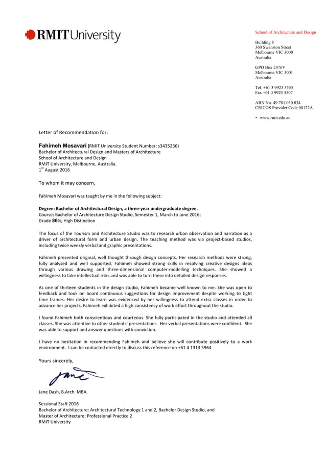 Fahimeh Mosavari Recommendation Letter