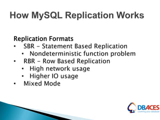 Replication Formats
• SBR - Statement Based Replication
• Nondeterministic function problem
• RBR - Row Based Replication
• High network usage
• Higher IO usage
• Mixed Mode
 