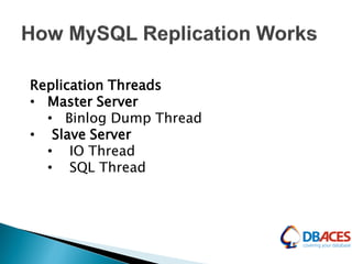 Replication Threads
• Master Server
• Binlog Dump Thread
• Slave Server
• IO Thread
• SQL Thread
 