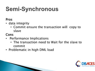 Pros
• data integrity
• Commit ensure the transaction will copy to
slave
Cons
• Performance Implications
• The transaction need to Wait for the slave to
commit
• Problematic in high DML load
 