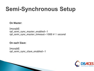 On Master:
[mysqld]
rpl_semi_sync_master_enabled=1
rpl_semi_sync_master_timeout=1000 # 1 second
On each Slave:
[mysqld]
rpl_semi_sync_slave_enabled=1
 