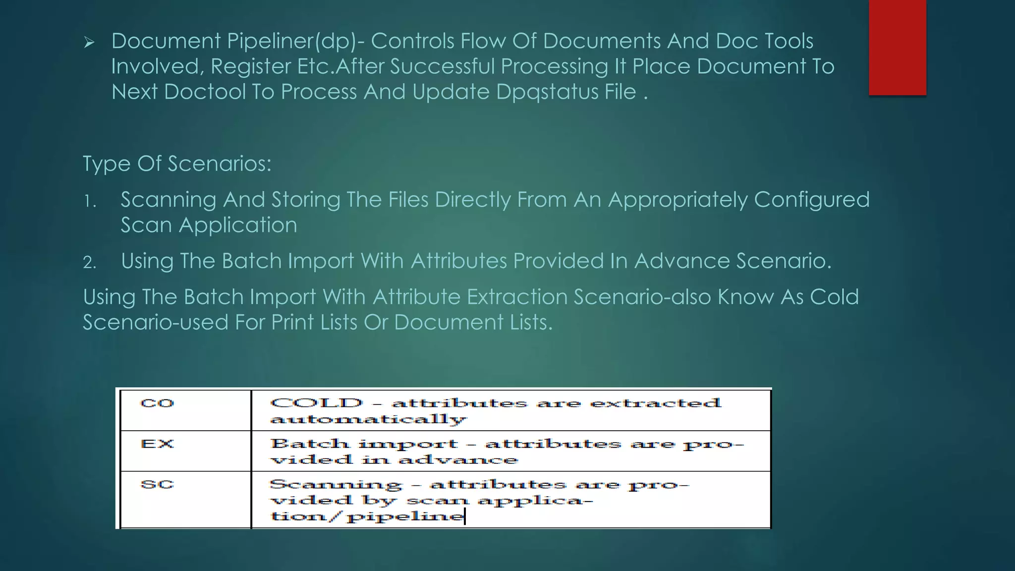  Document Pipeliner(dp)- Controls Flow Of Documents And Doc Tools
Involved, Register Etc.After Successful Processing It Place Document To
Next Doctool To Process And Update Dpqstatus File .
Type Of Scenarios:
1. Scanning And Storing The Files Directly From An Appropriately Configured
Scan Application
2. Using The Batch Import With Attributes Provided In Advance Scenario.
Using The Batch Import With Attribute Extraction Scenario-also Know As Cold
Scenario-used For Print Lists Or Document Lists.
 