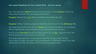 Document Pipelines For The Livelink ECM - Archive Server
First, The Doctool Aidsel Fetches The Archive Id And Prepdoc Gets The
Document Id From The Leading Application.
Prepdoc Reads The Ixattr File And Writes The Attributes File.
Prepdoc Writes The Document Id And The Archive Id To The Attributes File.
The Next Doctool Is One Of The Genins Doctools (Gendbins Or Genr3ins),
Which Generates Insert Statements For The Database System.
The Doctool Doctods Sends The Document To The Ds, Together With The
Retrieved Archive Id And Document Id.
The Main Component Is Archived As The First Component Of The
Document. Finally, An Insert Doctool(dbinsert Or R3insert) Inserts The User
Attributes Into The Database Of The Leading Application.
 