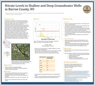 We thank the Office of Research and Sponsored Programs for supporting this research, and Learning & Technology Services for printing this poster.
Nitrate Levels in Shallow and Deep Groundwater Wells
in Barron County, WI
Jesse Goss and Tristin Christopher | BSEPH Candidates, University of Wisconsin-Eau Claire Environmental Public Health
ENPH 441 Water and Wastewater
The Chetek area in Wisconsin has a history of unusually high
nitrate levels in transient non-community well systems. Nitrate
comes from nitrogen, a plant nutrient supplied by inorganic
fertilizer and animal manure. It also can come from
nonagricultural sources including lawn fertilizers, septic systems,
and domestic animals. Nitrate can easily migrate to ground water,
and eventually into well water (Nutrients National Synthesis
Project, 2015). This is a problem because nitrates can cause
health effects in immunocompromised individuals. Health effects
include shortness of breath and blue baby syndrome; when
consumed in too high of a concentration. The maximum
contaminate level (MCL) for nitrate is 10 mg/L or 10 ppm. This
level of protection is to prevent potential health problems (EPA,
2015). We will be exploring the nitrate levels at varying well
depths around Chetek, WI. If there is a difference in nitrate levels
between deep and shallow wells, that could help well drillers
decide how deep to drill wells that serve the public in the area.
INTRODUCTION RESULTS
METHODS
• Existing Wisconsin DNR databases were used to compile data
and analyze differences in nitrate levels by well depth.
• Well depth and nitrate data from 39 wells were collected and
compared.
• We defined a shallow well to be <100 ft. and a deep well > 100
ft.
• Student T-test using 2013 Microsoft Excel was used for data
analysis
DISCUSSION
REFERENCES
OBJECTIVES
• Explore nitrate levels at varying well depths
• Determine if there is a difference in nitrate concentrations
between shallow and deep wells
ACKNOWLEDGMENTS
• Center of Disease and Control. July 1, 2015. Nitrate and Drinking Water from Private Wells. Retrieved on
November 20th, 2015 from http://www.cdc.gov/healthywater/drinking/private/wells/disease/nitrate.html
• Department of Health. Nitrate Treatment Alternative for Small Water Systems. June 2005. Retrieved on
November 28th, 2015 from http://www.doh.wa.gov/portals/1/Documents/pubs/331-309.pdf
• Environmental Protection Agency. February 05, 2014. Basic Information about Nitrate in Drinking Water.
Retrieved on November 20th, 2015 from http://water.epa.gov/drink/contaminants/basicinformation/nitrate.cfm
• Nitrates and Drinking Water. (n.d.). Retrieved December 2, 2015, from http://www.bfhd.wa.gov/info/nitrate-
nitrite.php
• Nolan, B., Ruddy, B., Hitt, K., & Helsel, D. 2015, September 15. Nutrients National Synthesis Project. Retrieved
November 30, 2015, from http://water.usgs.gov/nawqa/nutrients/pubs/wcp_v39_no12/#FIG1
• WI DNR. DNR drinking water system/public water systems. Retrieved on November 21st, 2015 from
http://prodoasext.dnr.wi.gov/inter1/pws2$.startup
• WI DNR. Well Construction Reports. Retrieved on November 21st, 2015 from
http://prodoasext.dnr.wi.gov/inter1/watr$.startup
• Wisconsin Well Drillers Association. Retrieved on November 20th, 2015 from
http://www.wisconsinwaterwell.com/for-homeowners/faqs/
• Stacy Steinke – Water Supply Specialist with the
Wisconsin Department of Natural Resources
• Learning and Technology Services: University of
Wisconsin - Eau Claire
0
5
10
15
20
25
0 50 100 150 200 250 300
NitrateLevels(mg/L)
Well Depth (ft)
P-value = .0749
Mean well depth = 82.13 ft.
Well depth vs. Nitrate levels
Well Depth (ft.) Average Nitrate
Levels (mg/L)
<40 7.7
41-60 3.5
61-80 3.6
81-100 4.8
>100 .73
Figure 1: Location of all well samples, yellow dots
represent wells with a nitrate concentration less than
10 mg/L. Red dots represent wells with a nitrate
concentration greater than 10 mg/L.
Legend
= greater than
10 mg/L
= less than 10
mg/L
Figure 2: The chart shows the nitrate levels plotted at certain well
depths. The red line is to show the MCL at 10 mg/L.
• Results of t-test conclude there is no significant difference in nitrate
levels in deep and shallow wells
• The four wells, as indicated as red dots on the chart above, exceed the
MCL and are not in close proximity and have varying land use
practices. The furthest two wells are approximately 5 miles apart.
Figure 3
• The table above shows average nitrate levels at corresponding well
depths.
• There is a very low average nitrate level for wells greater than 100 ft.
• A higher average nitrate level was found at wells less than 40 ft.
• With our research we still recommend to have the wells tested at
least once a year
• High nitrate levels in Chetek, WI could be caused by the following:
• Fertilizer runoff from urban development of lake shore
• Upstream agricultural runoff
• Highly permeable soils
• Naturally occurring nitrogen deposits
• Confined animal feeding operations manure runoff
TREATMENT
• Ways to remove high nitrate levels include: ion exchange, reverse
osmosis, and electrodialysis.
• Ion Exchange is the most cost effective and is already widely used
around the U.S. (Department of Health, 2015).
• Non-treatment alternatives such as wellhead protection activities,
land use management, and location of septic system should always
be considered prior to focusing on treatment alternatives.
• Another long term option may be to find a new source of water such
as a new well or connecting to a public water supply system (Nitrates
and Drinking Water, 2015).
• Be sure to locate well away from possible nitrate contamination
sources
RESULTS, CON.
FUTURE INVESTIGATION
• With a larger collection sample, a significant difference could
possibly be reached showing wells over 100 ft. deep have lower
nitrate levels.
• Additional testing should be done with a larger collection sample
and area in order to see other trends including distance to lake,
land use, septic system placement, and geology of the soil.
 