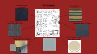 Restaurant
Interface Brickworks
Carpet Tile in Brick Navy
Johnsonite BaseWorks Thermoset
Rubber Wall Base in Pebble
Benjamin Moore Regal
Select Matte in Hush
Carnegie Alphacoustic in 32
Knoll Pony Up
in Grove
Momentum Bravo II in Night
Knoll Star Struck
in Fan Club
 