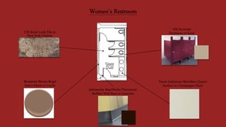 Women’s Restroom
CIR Brick Look Tile in
New York Chelsea
Johnsonite BaseWorks Thermoset
Rubber Wall Base in Ganache
Benjamin Moore Regal
Select Matte in Carob
ASI Accurate
Partitions in Sand
Tower Industries Meridian Quartz
Surface in Champagne Pearl
 