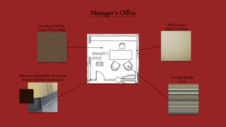 Manager’s Office
Interface Fair Play
Carpet Tile in Sedge
Johnsonite BaseWorks Thermoset
Rubber Wall Base in Ganache
Wolf Gordon
Jaipur in Golden
Carnegie Bangle
in 32
 