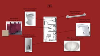 FFE
ASI Accurate
Partitions in Sand
Bobrick Recessed
Automatic Hand Dryer
Bobrick Stainless
Steel Grab Bar
Elkay Asana Undermount
Stainless Sink
Kohler Single Hole
Electronic Faucet
Kohler Hicrest 16-1/2”
Elongated Toilet
 