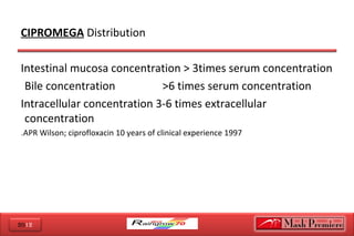 2012
CIPROMEGA Distribution
 
Intestinal mucosa concentration > 3times serum concentration
Bile concentration >6 times serum concentration
Intracellular concentration 3-6 times extracellular
concentration
APR Wilson; ciprofloxacin 10 years of clinical experience 1997.
 