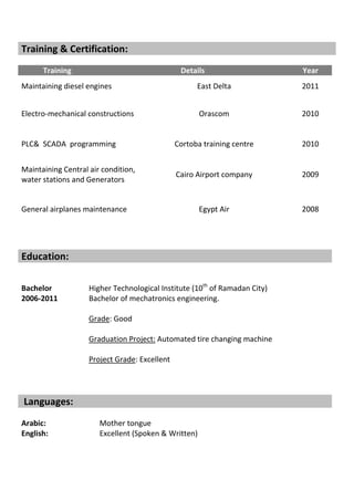 Training & Certification:
Training Details Year
Maintaining diesel engines East Delta 2011
Electro-mechanical constructions Orascom 2010
PLC& SCADA programming Cortoba training centre 2010
Maintaining Central air condition,
water stations and Generators
Cairo Airport company 2009
General airplanes maintenance Egypt Air 2008
Education:
Bachelor
2006-2011
Higher Technological Institute (10th
of Ramadan City)
Bachelor of mechatronics engineering.
Grade: Good
Graduation Project: Automated tire changing machine
Project Grade: Excellent
Languages:
Arabic: Mother tongue
English: Excellent (Spoken & Written)
 