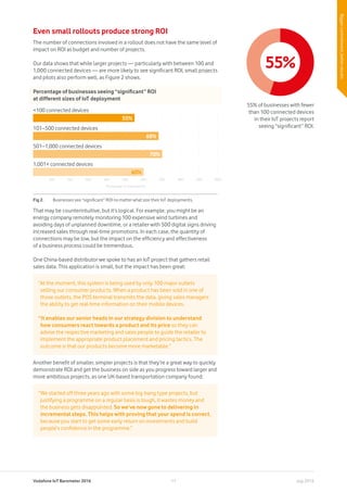 Vodafone IoT Barometer 2016 July 201611
Even small rollouts produce strong ROI
The number of connections involved in a rollout does not have the same level of
impact on ROI as budget and number of projects.
Our data shows that while larger projects — particularly with between 100 and
1,000 connected devices — are more likely to see significant ROI, small projects
and pilots also perform well, as Figure 2 shows.
That may be counterintuitive, but it’s logical. For example, you might be an
energy company remotely monitoring 100 expensive wind turbines and
avoiding days of unplanned downtime, or a retailer with 500 digital signs driving
increased sales through real-time promotions. In each case, the quantity of
connections may be low, but the impact on the efficiency and effectiveness
of a business process could be tremendous.
One China-based distributor we spoke to has an IoT project that gathers retail
sales data. This application is small, but the impact has been great:
Another benefit of smaller, simpler projects is that they’re a great way to quickly
demonstrate ROI and get the business on side as you progress toward larger and
more ambitious projects, as one UK-based transportation company found:
“At the moment, this system is being used by only 100 major outlets
selling our consumer products. When a product has been sold in one of
those outlets, the POS terminal transmits the data, giving sales managers
the ability to get real-time information on their mobile devices.
“It enables our senior heads in our strategy division to understand
how consumers react towards a product and its price so they can
advise the respective marketing and sales people to guide the retailer to
implement the appropriate product placement and pricing tactics. The
outcome is that our products become more marketable.”
“We started off three years ago with some big-bang type projects, but
justifying a programme on a regular basis is tough, it wastes money and
the business gets disappointed. So we’ve now gone to delivering in
incremental steps. This helps with proving that your spend is correct,
because you start to get some early return on investments and build
people’s confidence in the programme.”
55%
55% of businesses with fewer
than 100 connected devices
in their IoT projects report
seeing “significant” ROI.
Fig 2.	 Businesses see “significant” ROI no matter what size their IoT deployments.
Percentage of businesses seeing “significant” ROI
at different sizes of IoT deployment
10% 20% 30% 40% 50% 60% 70% 80% 90% 100%
100 connected devices
101–500 connected devices
501–1,000 connected devices
1,001+ connected devices
55%
68%
70%
60%
Percentage of respondents
Numberofconnecteddevices
Biggercommitment,betterresults
 