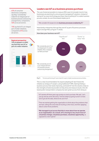 Vodafone IoT Barometer 2016 July 201622
Leaders see IoT as a business process purchase
The use of external providers to measure ROI is part of a broader trend in how
businesses are planning for, procuring and managing IoT solutions. Instead of
seeing IoT as a pure technology purchase, they’re putting IoT in a wider business
process context. As one China-based retailer put it:
Importantly, enterprises that say they see IoT as part of business processes
report stronger ROI, as Figure 11 shows.
This is a clear recommendation for anyone adopting IoT: don’t frame the
initiative as simply an IT project, using traditional IT KPIs. Start by finding a
business process that needs improving, and build IoT into the solution; draw on
the strengths of external providers to help drive and measure results. One UK-
based public transportation company has seen great success from doing so:
“We consider IoT projects to be business processes enabled by IT.”
“IoT started off three years ago purely as a tech purchase. We said, ‘Let’s
just go and do some discovery’ and we ended up going round in circles:
we’ve got all this data, what do we use it for?
“Then we started getting the organisation to think about the problems that
we have, taking the ones that are hurting us the most, and then applying
data to solve those problems.
“We managed to put across that this is more about how we operate
as an organisation. As a result, IoT is moving to very much more of
a business change, a business purchase, a business opportunity, as
opposed to a tech spend.”
67% of consumer
electronics companies
say they “consistently”
make IoT an integral part of
business process outsourcing
arrangements, compared to
55% across all sectors.
73% say that IoT is an integral
part of wider initiatives,
compared to 61% across
all sectors.
Fig 11.	 The best-performing IoT users treat IoT as part of wider business process activities.
How does your business see IoT?
“We consistently see IoT as
an integral part of a wider
initiative, like a company
car fleet purchase”
“We consistently see IoT
as an integral element
of a business process
outsourcing arrangement”
73%
64%
45%
42%
“Signiﬁcant”
ROI
“Some” or
“little” ROI
20%
40%
60%
80%
100%
Percentageofrespondents
Americas EMEA APAC
55% 57%
72%
Regional perspective:
72% of adopters in APAC
say that they see IoT as
part of a wider initiative
LeadersmeasureIoTwithinbusinessprocesses
 