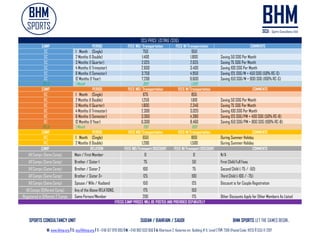 SPORTS CONSULTANCY UNIT SUDAN / BAHRAIN / SAUDI BHM SPORTS LET THE GAMES BEGIN..
W: www.bhmp.org I E: scu@bhmp.org l T: +249 157 979 093 l M: +249 962 633 956 l A: Khartoum 2, Katarina str. Building # 11, Level 2 l P: 7318 (Postal Code: 11123) l SCU © 2017
CAMP PERIOD FEES WO/ Transportation FEES W/Transportation COMMENTS
SC 1 Month (Single) 750 950
SC 2 Months (1 Double) 1,400 1,800 Saving 50 SDG Per Month
SC 3 Months (1 Quarter) 2,025 2,625 Saving 75 SDG Per Month
SC 4 Months (1 Trimester) 2,600 3,400 Saving 100 SDG Per Month
SC 6 Months (1 Semester) 3,750 4,950 Saving 125 SDG/M + 450 SDG (50% RC-S)
SC 12 Months (1 Year) 7,200 9,600 Saving 150 SDG/M + 900 SDG (100% RC-S)
RC-S 1 Month 800 1,000
CAMP PERIOD FEES WO/ Transportation FEES W/Transportation COMMENTS
BC 1 Month (Single) 675 855
BC 2 Months (1 Double) 1,250 1,610 Saving 50 SDG Per Month
BC 3 Months (1 Quarter) 1,800 2,340 Saving 75 SDG Per Month
BC 4 Months (1 Trimester) 2,300 3,020 Saving 100 SDG Per Month
BC 6 Months (1 Semester) 3,300 4,380 Saving 125 SDG/PM + 400 SDG (50% RC-B)
BC 12 Months (1 Year) 6,300 8,460 Saving 150 SDG/PM + 800 SDG (100% RC-B)
RC-B 1 Month 700 900
CAMP PERIOD FEES WO/Transportation FEES W/Transportation COMMENTS
WC 1 Month (Single) 650 800 During Summer Holiday
WC 2 Months (1 Double) 1,200 1,500 During Summer Holiday
CAMP RELATION FEES WO/Transport DISCOUNT FEES W/Transport DISCOUNT COMMENTS
All Camps (Same Camp) Main / First Member 0 0 N/A
All Camps (Same Camp) Brother / Sister 1 75 50 First Child Full Fees
All Camps (Same Camp) Brother / Sister 2 100 75 Second Child (-75 / -50)
All Camps (Same Camp) Brother / Sister 3+ 125 100 Third Child (-100 / -75)
All Camps (Same Camp) Spouse / Wife / Husband 150 125 Discount is for Couple Registration
All Camps (Different Camp) Any of the Above RELATIONS. 175 150
Registered in Different 2 Camps Same Person/Member 200 175 Other Discounts Apply for Other Members As Listed
FITESS CAMP PRICES WILL BE POSTED AND PROVIDED SEPARATELY
SCU PRICE LISTING (SDG)
 
