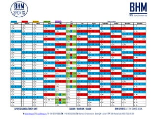 SPORTS CONSULTANCY UNIT SUDAN / BAHRAIN / SAUDI BHM SPORTS LET THE GAMES BEGIN..
W: www.bhmp.org I E: scu@bhmp.org l T: +249 157 979 093 l M: +249 962 633 956 l A: Khartoum 2, Katarina str. Building # 11, Level 2 l P: 7318 (Postal Code: 11123) l SCU © 2017
1 Su 1 We 1 We 1 Sa SC 8:00 AM 1 Mo BC 5:00 PM 1 Th BC 7:30 PM 1 Sa SC 8:00 AM 1 Tu SC 5:00 PM 1 Fr 1 Su 1 We 1 Fr
2 Mo 2 Th 2 Th 2 Su 2 Tu SC 5:00 PM 2 Fr 2 Su 2 We 2 Sa SC 8:00 AM 2 Mo BC 5:00 PM 2 Th BC 5:00 PM 2 Sa SC 8:00 AM
3 Tu SC 5:00 PM 3 Fr 3 Fr 3 Mo BC 5:00 PM 3 We 3 Sa SC 7:30 PM 3 Mo BC 5:00 PM 3 Th BC 5:00 PM 3 Su 3 Tu SC 5:00 PM 3 Fr 3 Su
4 We 4 Sa SC 8:00 AM 4 Sa SC 8:00 AM 4 Tu SC 5:00 PM 4 Th BC 5:00 PM 4 Su 4 Tu SC 5:00 PM 4 Fr 4 Mo BC 5:00 PM 4 We 4 Sa SC 8:00 AM 4 Mo BC 5:00 PM
5 Th 5 Su 5 Su 5 We 5 Fr 5 Mo BC 7:30 PM 5 We 5 Sa SC 8:00 AM 5 Tu SC 5:00 PM 5 Th BC 5:00 PM 5 Su 5 Tu SC 5:00 PM
6 Fr 6 Mo 6 Mo 6 Th BC 5:00 PM 6 Sa SC 8:00 AM 6 Tu SC 7:30 PM 6 Th BC 5:00 PM 6 Su 6 We 6 Fr 6 Mo BC 5:00 PM 6 We 5:00 PM
7 Sa SC 8:00 AM 7 Tu SC 5:00 PM 7 Tu SC 5:00 PM 7 Fr 7 Su 7 We 7 Fr 7 Mo BC 5:00 PM 7 Th BC 5:00 PM 7 Sa SC 8:00 AM 7 Tu SC 5:00 PM 7 Th BC 5:00 PM
8 Su 8 We 8 We 8 Sa SC 8:00 AM 8 Mo BC 5:00 PM 8 Th BC 7:30 PM 8 Sa SC 8:00 AM 8 Tu SC 5:00 PM 8 Fr 8 Su 8 We 8 Fr
9 Mo 9 Th 9 Th 9 Su 9 Tu SC 5:00 PM 9 Fr 9 Su 9 We 9 Sa SC 8:00 AM 9 Mo BC 5:00 PM 9 Th BC 5:00 PM 9 Sa SC 8:00 AM
10 Tu SC 5:00 PM 10 Fr 10 Fr 10 Mo BC 5:00 PM 10 We 10 Sa SC 7:30 PM 10 Mo BC 5:00 PM 10 Th BC 5:00 PM 10 Su 10 Tu SC 5:00 PM 10 Fr 10 Su
11 We 11 Sa SC 8:00 AM 11 Sa SC 8:00 AM 11 Tu SC 5:00 PM 11 Th BC 5:00 PM 11 Su 11 Tu SC 5:00 PM 11 Fr 11 Mo BC 5:00 PM 11 We 11 Sa SC 8:00 AM 11 Mo BC 5:00 PM
12 Th 12 Su 12 Su 12 We 12 Fr 12 Mo BC 7:30 PM 12 We 12 Sa SC 8:00 AM 12 Tu SC 5:00 PM 12 Th BC 5:00 PM 12 Su 12 Tu SC 5:00 PM
13 Fr 13 Mo 13 Mo 13 Th BC 5:00 PM 13 Sa SC 8:00 AM 13 Tu SC 7:30 PM 13 Th BC 5:00 PM 13 Su 13 We 13 Fr 13 Mo BC 5:00 PM 13 We
14 Sa SC 8:00 AM 14 Tu SC 5:00 PM 14 Tu SC 5:00 PM 14 Fr 14 Su 14 We 14 Fr 14 Mo BC 5:00 PM 14 Th BC 5:00 PM 14 Sa SC 8:00 AM 14 Tu SC 8:00 AM 14 Th BC 5:00 PM
15 Su 15 We 15 We 15 Sa SC 8:00 AM 15 Mo BC 5:00 PM 15 Th BC 7:30 PM 15 Sa SC 8:00 AM 15 Tu SC 5:00 PM 15 Fr 15 Su 15 We 15 Fr
16 Mo 16 Th 16 Th 16 Su 16 Tu SC 5:00 PM 16 Fr 16 Su 16 We 16 Sa SC 8:00 AM 16 Mo BC 5:00 PM 16 Th BC 5:00 PM 16 Sa SC 8:00 AM
17 Tu SC 5:00 PM 17 Fr 17 Fr 17 Mo BC 5:00 PM 17 We 17 Sa SC 7:30 PM 17 Mo BC 5:00 PM 17 Th BC 5:00 PM 17 Su 17 Tu SC 5:00 PM 17 Fr 17 Su
18 We 18 Sa SC 8:00 AM 18 Sa SC 8:00 AM 18 Tu SC 5:00 PM 18 Th BC 5:00 PM 18 Su 18 Tu SC 5:00 PM 18 Fr 18 Mo BC 5:00 PM 18 We 18 Sa SC 8:00 AM 18 Mo BC 5:00 PM
19 Th 19 Su 19 Su 19 We 19 Fr 19 Mo BC 7:30 PM 19 We 19 Sa SC 8:00 AM 19 Tu SC 5:00 PM 19 Th BC 5:00 PM 19 Su 19 Tu SC 5:00 PM
20 Fr 20 Mo 20 Mo 20 Th BC 5:00 PM 20 Sa SC 8:00 AM 20 Tu SC 7:30 PM 20 Th BC 5:00 PM 20 Su 20 We 20 Fr 20 Mo BC 5:00 PM 20 We
21 Sa SC 8:00 AM 21 Tu SC 5:00 PM 21 Tu SC 5:00 PM 21 Fr 21 Su 21 We 21 Fr 21 Mo BC 5:00 PM 21 Th BC 5:00 PM 21 Sa SC 8:00 AM 21 Tu SC 5:00 PM 21 Th BC 5:00 PM
22 Su 22 We 22 We 22 Sa SC 8:00 AM 22 Mo BC 5:00 PM 22 Th BC 7:30 PM 22 Sa SC 8:00 AM 22 Tu SC 5:00 PM 22 Fr 22 Su 22 We 22 Fr
23 Mo 23 Th 23 Th 23 Su 23 Tu 23 Fr 23 Su 23 We 23 Sa SC 8:00 AM 23 Mo BC 5:00 PM 23 Th BC 5:00 PM 23 Sa SC 8:00 AM
24 Tu SC 5:00 PM 24 Fr 24 Fr 24 Mo BC 5:00 PM 24 We 24 Sa SC 7:30 PM 24 Mo BC 5:00 PM 24 Th BC 5:00 PM 24 Su 24 Tu SC 5:00 PM 24 Fr 24 Su
25 We 25 Sa SC 8:00 AM 25 Sa SC 8:00 AM 25 Tu SC 5:00 PM 25 Th 25 Su 25 Tu SC 5:00 PM 25 Fr 25 Mo BC 5:00 PM 25 We 25 Sa SC 8:00 AM 25 Mo BC 5:00 PM
26 Th 26 Su 26 Su 26 We 26 Fr 26 Mo 26 We 26 Sa SC 8:00 AM 26 Tu SC 5:00 PM 26 Th BC 5:00 PM 26 Su 26 Tu SC 5:00 PM
27 Fr 27 Mo 27 Mo 27 Th BC 5:00 PM 27 Sa SC 7:30 PM 27 Tu 27 Th BC 5:00 PM 27 Su 27 We 27 Fr 27 Mo BC 5:00 PM 27 We
28 Sa SC 8:00 AM 28 Tu SC 5:00 PM 28 Tu SC 5:00 PM 28 Fr 28 Su 28 We 28 Fr 28 Mo BC 5:00 PM 28 Th BC 5:00 PM 28 Sa SC 8:00 AM 28 Tu SC 5:00 PM 28 Th BC 5:00 PM
29 Su 29 We 29 Sa SC 8:00 AM 29 Mo BC 7:30 PM 29 Th 29 Sa 29 Tu SC 5:00 PM 29 Fr 29 Su 29 We 29 Fr
30 Mo 30 Th 30 Su 30 Tu SC 7:30 PM 30 Fr 30 Su 30 We 30 Sa 30 Mo 30 Th 30 Sa
31 Tu 31 Fr 31 We 31 Mo 31 Th 31 Tu 31 Su
BASKET CAMP WATER CAMP RAMADAN CAMP FITNESS CAMP 2017 CAMPS CALENDAR
January February March April May June July August September October November December
SOCCER CAMP
 
