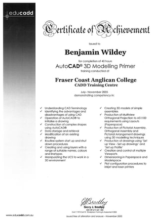 AutoCAD 3D Modelling Primer Fraser Coast Anglican College CADD Training Centre Nov 2005