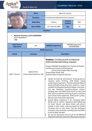 Saudi Arabia Ltd.
Candidate Resume –Civil
Name Mario N. Sanchez
Discipline Civil/Structural&Architectural Inspector
Nationality Filipino
Current
Location
KSA
Date of Birth 15th
February 1963 Age 53
Education
 Bachelor of Science, CIVIL EGINEERING
FEATI UNIVERSITY
1988
Total Years of
Experience
28+ ARAMCO Experience
ARAMCO Approved,
SAP#70013034
WORK Experience
Period Company Description
2010 - Present
ApplusVelosi
(Velosi Saudi Arabia Co. Ltd)
Position: Civil/Structural & Architectural
(External/Internal)Finishing Inspector
Project: KAPSARC (King Abdul Aziz Petroleum Studies
and Research Center) and Residential
Community Complex (RCC Housing)
Airport Road, Riyadh ,KSA
Aramco Project-Inspection Division
 Handle for External and Internal finishing such as
masonry works finishing ,CHB Blocks laying
,plasteringandwall paint ,Partitionwall withGibson
board,Ceilingfinishing ,floor tiles ,wall tiles , Toilet
and Bath finishingalsohandle forfaçade LinerDeck,
Top Hat, Rockwool Insulation,calcium silicate,
standing seam and GFRC Panels finish for Roof and
Wall.(Such as material receiving of panels, transom
and mullion frame alignment, GFRC panels surface
Miscoat up to final sealer application.
 Quality Works Inspection in for Structural Steel
Works such as Column Alignment, Bolt Tightening
for Steel Column and Beam Girder and others
related in steel works and also handle for facade
Finishing such as Liner Deck, Top Hat, Rockwool
Insulation,calciumsilicate, standing seam and GFRC
finish for Roof and Wall.
 Do also for Document review such as ITP, Method
Statement and other document that would execute
 