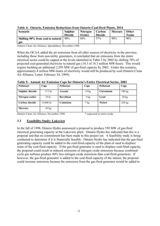 12
Table 4: Ontario, Emission Reductions from Ontario Coal-fired Plants, 2014
Scenario Sulphur
Dioxide
Nitrogen
Oxides
Carbon
Dioxide
Mercury Other
Toxins
Shifting 90% from coal to natural
gas
90% 84% 57% 90% 90%
Ontario Clean Air Alliance, Spreadsheet, November 1998
When the OCAA added the air emissions from all other sources of electricity in the province,
including those from non-utility generators, it concluded that air emissions from the entire
electrical sector could be capped at the levels identified in Table 5 by 2002 by shifting 78% of
projected coal-generated electricity to natural gas (14.3 of 18.3 million MW-hour). This would
require building an additional 2,595 MW of gas-fired capacity by 2002. Under this scenario,
approximately 4 million MW-hours of electricity would still be produced by coal (Ontario Clean
Air Alliance, Letter, February 24, 1999):
Table 5: Annual Air Emission Caps for Ontario’s Entire Electrical Sector, 2002
Pollutant Caps Pollutant Caps Pollutant Caps
Sulphur dioxide 17.5 kt Arsenic 19 kg Chromium 180 kg
Nitrogen oxides 25 kt Beryllium 9 kg Lead 24 kg
Carbon dioxide 15,000 kt Cadmium 7 kg Nickel 228 kg
Mercury 45 kg
Ontario Clean Air Alliance, November 1998 * expressed as nitric oxide
3.3 Feasibility Study: Lakeview
In the fall of 1998, Ontario Hydro announced a proposal to produce 550 MW of gas-fired
electrical generating capacity at the Lakeview plant. Ontario Hydro has indicated that this is a
proposal and that no commitment has been made to this project yet. A feasibility study is being
conducted to determine if it is financially feasible. Ontario Hydro has indicated that the gas-fired
generating capacity could be added to the coal-fired capacity of the plant or used to displace
some of the coal-fired capacity. If the gas-fired generator is used to displace coal-fired capacity,
the proposal could result in reduced emissions of nitrogen oxide emissions because combined-
cycle gas turbines produce 80% less nitrogen oxide emissions than coal-fired generators. If
however, the gas-fired generator is added to the coal-fired capacity of the station, the proposal
could increase emissions because the emissions from the gas-fired generator would be added to
 