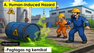 -Pagtagas ng kemikal
Halimbawa:
A. Human-Induced Hazard
 