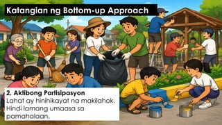2. Aktibong Partisipasyon
Lahat ay hinihikayat na makilahok.
Hindi lamang umaasa sa
pamahalaan.
Katangian ng Bottom-up Approach
 
