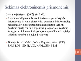 14
Sekimas elektroninėmis priemonėmis
Švietimo įstatymas (56(2) str. 1 d.):
• Švietimo valdymo informacinė sistema yra valstybės
informacinė sistema, skirta teikti duomenis ir informaciją,
reikalingą švietimo subjektams analizuoti ir vertinti
švietimo būklę įvairiais aspektais, prognozuoti švietimo
kaitą, priimti duomenimis pagrįstus sprendimus ir vykdyti
švietimo kokybę laiduojantį valdymą
• Duomenis teikia VMI, SoDra, Registrų centras (GR),
SAM, LDB, NDNT, VDI, KAM, ŽŪM ir kiti
 
