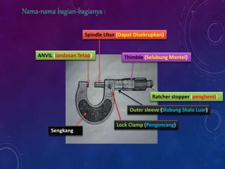 Spindle Ukur (Dapat Disekrupkan)
ANVIL (landasan Tetap)
Outer sleeve (Slubung Skala Luar)
Thimble (Selubung Mantel)
Ratcher stopper (penghenti)
Lock Clamp (Pengencang)
Sengkang
 
