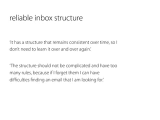 reliable inbox structure 
‘It has a structure that remains consistent over time, so I 
don’t need to learn it over and over again.’ 
‘The structure should not be complicated and have too 
many rules, because if I forget them I can have 
difficulties finding an email that I am looking for.’ 
 