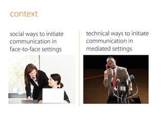 context 
social ways to initiate 
communication in 
face-to-face settings 
technical ways to initiate 
communication in 
mediated settings 
 