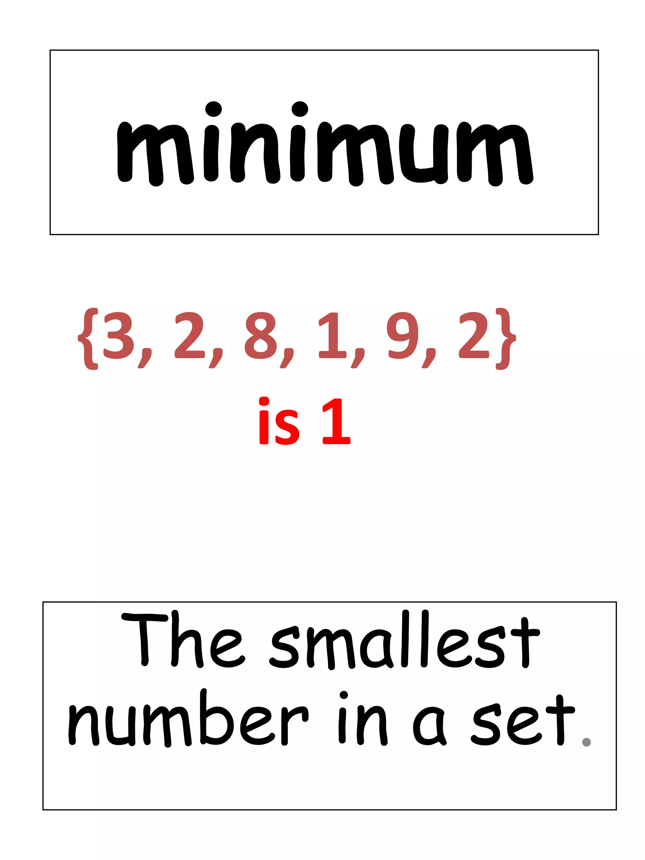 minimum{3, 2, 8, 1, 9, 2}is 1The smallest number in a set.