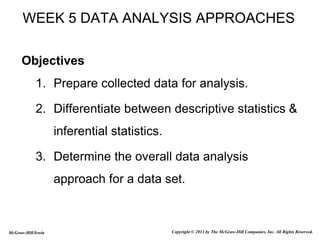 McGraw-Hill/Irwin Copyright © 2011 by The McGraw-Hill Companies, Inc. All Rights Reserved.
WEEK 5 DATA ANALYSIS APPROACHES
Objectives
1. Prepare collected data for analysis.
2. Differentiate between descriptive statistics &
inferential statistics.
3. Determine the overall data analysis
approach for a data set.
 