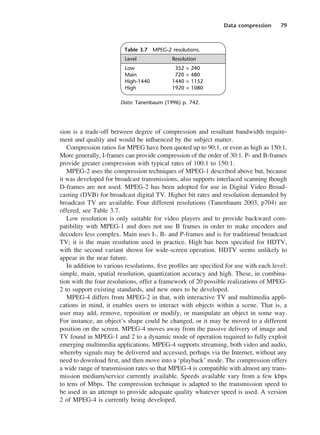 Data compression 79
sion is a trade-off between degree of compression and resultant bandwidth require-
ment and quality and would be influenced by the subject matter.
Compression ratios for MPEG have been quoted up to 90:1, or even as high as 150:1.
More generally, I-frames can provide compression of the order of 30:1. P- and B-frames
provide greater compression with typical rates of 100:1 to 150:1.
MPEG-2 uses the compression techniques of MPEG-1 described above but, because
it was developed for broadcast transmissions, also supports interlaced scanning though
D-frames are not used. MPEG-2 has been adopted for use in Digital Video Broad-
casting (DVB) for broadcast digital TV. Higher bit rates and resolution demanded by
broadcast TV are available. Four different resolutions (Tanenbaum 2003, p704) are
offered, see Table 3.7.
Low resolution is only suitable for video players and to provide backward com-
patibility with MPEG-1 and does not use B frames in order to make encoders and
decoders less complex. Main uses I-, B- and P-frames and is for traditional broadcast
TV; it is the main resolution used in practice. High has been specified for HDTV,
with the second variant shown for wide-screen operation. HDTV seems unlikely to
appear in the near future.
In addition to various resolutions, five profiles are specified for use with each level:
simple, main, spatial resolution, quantization accuracy and high. These, in combina-
tion with the four resolutions, offer a framework of 20 possible realizations of MPEG-
2 to support existing standards, and new ones to be developed.
MPEG-4 differs from MPEG-2 in that, with interactive TV and multimedia appli-
cations in mind, it enables users to interact with objects within a scene. That is, a
user may add, remove, reposition or modify, or manipulate an object in some way.
For instance, an object’s shape could be changed, or it may be moved to a different
position on the screen. MPEG-4 moves away from the passive delivery of image and
TV found in MPEG-1 and 2 to a dynamic mode of operation required to fully exploit
emerging multimedia applications. MPEG-4 supports streaming, both video and audio,
whereby signals may be delivered and accessed, perhaps via the Internet, without any
need to download first, and then move into a ‘playback’ mode. The compression offers
a wide range of transmission rates so that MPEG-4 is compatible with almost any trans-
mission medium/service currently available. Speeds available vary from a few kbps
to tens of Mbps. The compression technique is adapted to the transmission speed to
be used in an attempt to provide adequate quality whatever speed is used. A version
2 of MPEG-4 is currently being developed.
Table 3.7 MPEG-2 resolutions.
Level Resolution
Low 352 × 240
Main 720 × 480
High-1440 1440 × 1152
High 1920 × 1080
Data: Tanenbaum (1996) p. 742.
DCAC03 2/27/06 11:29 AM Page 79
 