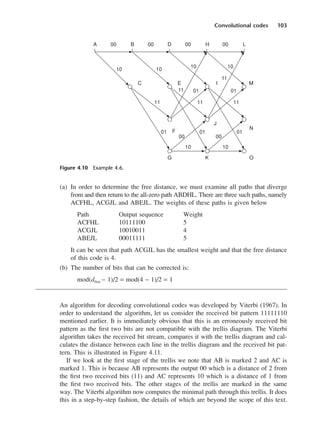 Convolutional codes 103
(a) In order to determine the free distance, we must examine all paths that diverge
from and then return to the all-zero path ABDHL. There are three such paths, namely
ACFHL, ACGJL and ABEJL. The weights of these paths is given below
Path Output sequence Weight
ACFHL 10111100 5
ACGJL 10010011 4
ABEJL 00011111 5
It can be seen that path ACGJL has the smallest weight and that the free distance
of this code is 4.
(b) The number of bits that can be corrected is:
mod(dfree − 1)/2 = mod(4 − 1)/2 = 1
An algorithm for decoding convolutional codes was developed by Viterbi (1967). In
order to understand the algorithm, let us consider the received bit pattern 11111110
mentioned earlier. It is immediately obvious that this is an erroneously received bit
pattern as the first two bits are not compatible with the trellis diagram. The Viterbi
algorithm takes the received bit stream, compares it with the trellis diagram and cal-
culates the distance between each line in the trellis diagram and the received bit pat-
tern. This is illustrated in Figure 4.11.
If we look at the first stage of the trellis we note that AB is marked 2 and AC is
marked 1. This is because AB represents the output 00 which is a distance of 2 from
the first two received bits (11) and AC represents 10 which is a distance of 1 from
the first two received bits. The other stages of the trellis are marked in the same
way. The Viterbi algorithm now computes the minimal path through this trellis. It does
this in a step-by-step fashion, the details of which are beyond the scope of this text.
Figure 4.10 Example 4.6.
DCAC04 2/27/06 11:33 AM Page 103
 