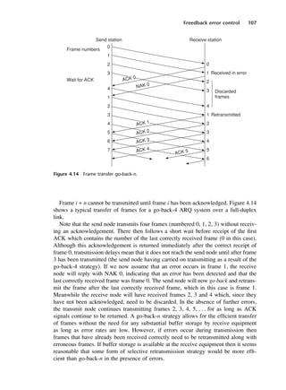 Freedback error control 107
Figure 4.14 Frame transfer go-back-n.
Frame i + n cannot be transmitted until frame i has been acknowledged. Figure 4.14
shows a typical transfer of frames for a go-back-4 ARQ system over a full-duplex
link.
Note that the send node transmits four frames (numbered 0, 1, 2, 3) without receiv-
ing an acknowledgement. There then follows a short wait before receipt of the first
ACK which contains the number of the last correctly received frame (0 in this case).
Although this acknowledgement is returned immediately after the correct receipt of
frame 0, transmission delays mean that it does not reach the send node until after frame
3 has been transmitted (the send node having carried on transmitting as a result of the
go-back-4 strategy). If we now assume that an error occurs in frame 1, the receive
node will reply with NAK 0, indicating that an error has been detected and that the
last correctly received frame was frame 0. The send node will now go back and retrans-
mit the frame after the last correctly received frame, which in this case is frame 1.
Meanwhile the receive node will have received frames 2, 3 and 4 which, since they
have not been acknowledged, need to be discarded. In the absence of further errors,
the transmit node continues transmitting frames 2, 3, 4, 5, . . . for as long as ACK
signals continue to be returned. A go-back-n strategy allows for the efficient transfer
of frames without the need for any substantial buffer storage by receive equipment
as long as error rates are low. However, if errors occur during transmission then
frames that have already been received correctly need to be retransmitted along with
erroneous frames. If buffer storage is available at the receive equipment then it seems
reasonable that some form of selective retransmission strategy would be more effi-
cient than go-back-n in the presence of errors.
DCAC04 2/27/06 11:33 AM Page 107
 