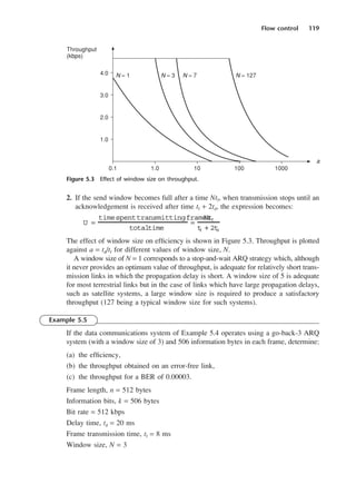 Flow control 119
2. If the send window becomes full after a time Ntf, when transmission stops until an
acknowledgement is received after time tf + 2td, the expression becomes:
The effect of window size on efficiency is shown in Figure 5.3. Throughput is plotted
against a = td/tf for different values of window size, N.
A window size of N = 1 corresponds to a stop-and-wait ARQ strategy which, although
it never provides an optimum value of throughput, is adequate for relatively short trans-
mission links in which the propagation delay is short. A window size of 5 is adequate
for most terrestrial links but in the case of links which have large propagation delays,
such as satellite systems, a large window size is required to produce a satisfactory
throughput (127 being a typical window size for such systems).
Example 5.5
If the data communications system of Example 5.4 operates using a go-back-3 ARQ
system (with a window size of 3) and 506 information bytes in each frame, determine:
(a) the efficiency,
(b) the throughput obtained on an error-free link,
(c) the throughput for a BER of 0.00003.
Frame length, n = 512 bytes
Information bits, k = 506 bytes
Bit rate = 512 kbps
Delay time, td = 20 ms
Frame transmission time, tf = 8 ms
Window size, N = 3
U =
timespenttransmittingframes
totaltime
=
Ntf
t
f + 2t
d
Figure 5.3 Effect of window size on throughput.
DCAC05 2/27/06 11:41 AM Page 119
 