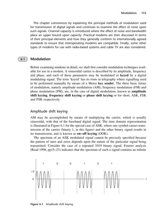 Modulation 133
Figure 6.1 Amplitude shift keying.
The chapter commences by explaining the principal methods of modulation used
for transmission of digital signals and continues to examine the effect of noise upon
such signals. Channel capacity is introduced where the effect of noise and bandwidth
place an upper bound upon capacity. Practical modems are then discussed in terms
of their principal elements and how they generally conform to internationally agreed
standards to ensure that interoperating modems are compatible. Finally, some other
types of modems for use with radio-based systems and cable TV are also considered.
6.1 Modulation
Before examining modems in detail, we shall first consider modulation techniques avail-
able for use in a modem. A sinusoidal carrier is described by its amplitude, frequency
and phase, and each of these parameters may be modulated or keyed by a digital
modulating signal. The term ‘keyed’ has its roots in telegraphy where signalling used
to be performed manually by means of a Morse key sender. The three basic forms
of modulation, namely amplitude modulation (AM), frequency modulation (FM) and
phase modulation (PM), are, in the case of digital modulation, known as amplitude
shift keying, frequency shift keying or phase shift keying or for short, ASK, FSK
and PSK respectively.
Amplitude shift keying
AM may be accomplished by means of multiplying the carrier, which is usually
sinusoidal, with that of the baseband digital signal. The time domain representation
is illustrated in Figure 6.1 for the special case of ASK, where one symbol causes trans-
mission of the carrier (binary 1, in this figure) and the other binary signal results in
no transmission, and is known as on–off keying (OOK).
The spectrum of an ASK modulated signal cannot be precisely specified because
the pattern of ones and zeros depends upon the nature of the particular signal being
transmitted. Consider the case of a repeated 1010 binary signal. Fourier analysis
(Read 1998, pp15–23) indicates that the spectrum of such a signal contains an infinite
DCAC06 2/27/06 11:45 AM Page 133
 