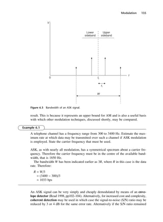Modulation 135
Figure 6.3 Bandwidth of an ASK signal.
result. This is because it represents an upper bound for AM and is also a useful basis
with which other modulation techniques, discussed shortly, may be compared.
Example 6.1
A telephone channel has a frequency range from 300 to 3400 Hz. Estimate the max-
imum rate at which data may be transmitted over such a channel if ASK modulation
is employed. State the carrier frequency that must be used.
ASK, as with nearly all modulation, has a symmetrical spectrum about a carrier fre-
quency. Therefore the carrier frequency must be in the centre of the available band-
width, that is 1850 Hz.
The bandwidth W has been indicated earlier as 3R, where R in this case is the data
rate. Therefore:
R = W/3
= (3400 − 300)/3
= 1033 bps
An ASK signal can be very simply and cheaply demodulated by means of an enve-
lope detector (Read 1998, pp102–104). Alternatively, for increased cost and complexity,
coherent detection may be used in which case the signal-to-noise (S/N) ratio may be
reduced by 3 or 4 dB for the same error rate. Alternatively if the S/N ratio remained
DCAC06 2/27/06 11:45 AM Page 135
 