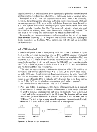 ITU-T V standards 153
kbps and employ V.34-like modulation. Such asymmetrical operation is aimed at Internet
applications (e.g. web browsing) where there is customarily more downstream traffic.
Subsequent to V.90, V.92 has appeared and is based upon V.90 technology.
However, it uses the recently introduced V.44 data compression standard which can
increase upstream speeds by about a third and double downstream rates. In addition
V.92 uses superior initialization enabling adaptive equalization to occur much more
rapidly, typically 15 s rather than 30 s. This is especially attractive where only small
data transfers are necessary since connection time can be significantly reduced. This
can result in cost savings and an increase in the effective data transfer rate.
Increasingly, data communications over analogue telephone lines are giving way to
cable modems offered by CATV companies and discussed shortly, and higher speed
digital connections via ISDN and ADSL technologies, both of which are explored in
the next chapter.
V.24/V.28 standard
A modem is regarded as a DCE and typically interconnects a DTE, as shown in Figure
6.15. In order to regulate the interface between DCE and DTE a number of standard
specifications have been produced. The Electronics Industries Association (EIA) pro-
duced the EIA 232D serial interface standard, better known as RS-232C. The ITU-T
has defined a serial interface for use with modems for DCE–DTE interconnection, namely
the V.24/V.28 interface, which is similar to that of the RS-232C. Both asynchonrous
and synchronous DTEs may be supported.
V.24 states the functional and procedural arrangements while V.28 specifies the
mechanical and electrical characteristics. A DTE uses a 25-pin D-type male connec-
tor and a DCE uses a female connector. Pin connections are as shown in Figure 6.16
and their pin assignations as in Table 6.3. Note that the signal names attached to each
pin are as viewed from the DTE. In particular a DTE transmits data on pin 2 and receives
on pin 3. The DCE, on the other hand, transmits on pin 2 and receives on 3.
The function of each line shown in Table 6.3 is as follows:
l Pins 1 and 7: Pin 1 is connected to the chassis of the equipment and is intended
to be connected to one end of a shield if shielded cable is used. Such a cable may
be used to minimize interference in high-noise environments. Pin 7 is the signal
ground and is the common reference for all signals. The interface will not work
without this pin being connected. It must be connected at both the DTE and the
DCE end. The use of two separate ground connections can cause earth loops to
occur and it is better to leave pin 1 unconnected in most systems.
Figure 6.15 Typical modem arrangement.
DCAC06 2/27/06 11:45 AM Page 153
 