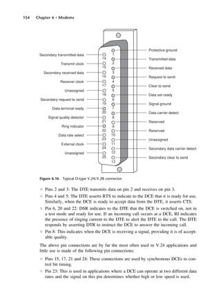 154 Chapter 6 • Modems
l Pins 2 and 3: The DTE transmits data on pin 2 and receives on pin 3.
l Pins 4 and 5: The DTE asserts RTS to indicate to the DCE that it is ready for use.
Similarly, when the DCE is ready to accept data from the DTE, it asserts CTS.
l Pin 6, 20 and 22: DSR indicates to the DTE that the DCE is switched on, not in
a test mode and ready for use. If an incoming call occurs at a DCE, RI indicates
the presence of ringing current to the DTE to alert the DTE to the call. The DTE
responds by asserting DTR to instruct the DCE to answer the incoming call.
l Pin 8: This indicates when the DCE is receiving a signal, providing it is of accept-
able quality.
The above pin connections are by far the most often used in V.24 applications and
little use is made of the following pin connections:
l Pins 15, 17, 21 and 24: These connections are used by synchronous DCEs to con-
trol bit timing.
l Pin 23: This is used in applications where a DCE can operate at two different data
rates and the signal on this pin determines whether high or low speed is used.
Figure 6.16 Typical D-type V.24/V.28 connector.
DCAC06 2/27/06 11:45 AM Page 154
 