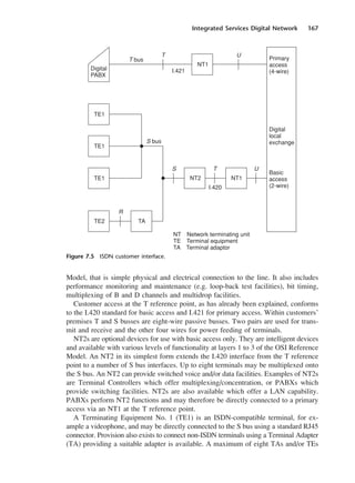 Integrated Services Digital Network 167
Model, that is simple physical and electrical connection to the line. It also includes
performance monitoring and maintenance (e.g. loop-back test facilities), bit timing,
multiplexing of B and D channels and multidrop facilities.
Customer access at the T reference point, as has already been explained, conforms
to the I.420 standard for basic access and I.421 for primary access. Within customers’
premises T and S busses are eight-wire passive busses. Two pairs are used for trans-
mit and receive and the other four wires for power feeding of terminals.
NT2s are optional devices for use with basic access only. They are intelligent devices
and available with various levels of functionality at layers 1 to 3 of the OSI Reference
Model. An NT2 in its simplest form extends the I.420 interface from the T reference
point to a number of S bus interfaces. Up to eight terminals may be multiplexed onto
the S bus. An NT2 can provide switched voice and/or data facilities. Examples of NT2s
are Terminal Controllers which offer multiplexing/concentration, or PABXs which
provide switching facilities. NT2s are also available which offer a LAN capability.
PABXs perform NT2 functions and may therefore be directly connected to a primary
access via an NT1 at the T reference point.
A Terminating Equipment No. 1 (TE1) is an ISDN-compatible terminal, for ex-
ample a videophone, and may be directly connected to the S bus using a standard RJ45
connector. Provision also exists to connect non-ISDN terminals using a Terminal Adapter
(TA) providing a suitable adapter is available. A maximum of eight TAs and/or TEs
Figure 7.5 ISDN customer interface.
DCAC07 2/27/06 11:48 AM Page 167
 