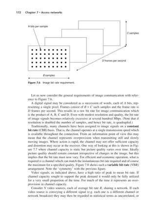 172 Chapter 7 • Access networks
Let us now consider the general requirements of image communication with refer-
ence to Figure 7.6.
A digital signal may be considered as a succession of words, each of A bits, rep-
resenting a single pixel. Frames consist of B × C such samples and the frame rate is
D frames per second. This results in a raw bit rate for image communication which
is the product of A, B, C and D. Even with modest resolution and quality, the bit rate
of image signals becomes relatively excessive at several hundred Mbps. (Note that if
resolution is doubled the number of samples, and hence bit rate, is quadrupled.)
Traditionally, many channels have been assigned to image signals on a constant
bit rate (CBR) basis. That is, the channel operates at a single transmission speed which
is available throughout the connection. From an information point of view this may
mean that the channel represents overprovision when transmitting still and slowly
moving images. Where action is rapid, the channel may not offer sufficient capacity
and distortion may occur at the receiver. One way of looking at this is shown in Fig-
ure 7.7 where channel capacity is static but picture quality varies over time. Ideally
picture quality should remain constant irrespective of changes in the image, but this
implies that the bit rate must now vary. For efficient and economic operation, what is
required is a channel which can match the instantaneous bit rate required and of course
the maximum for a specified quality. Figure 7.8 shows such a variable bit rate (VBR)
arrangement. Note the ‘symmetry’ with the previous figure.
Video signals, as indicated above, have a high ratio of peak to mean bit rate. If
channel capacity sought to support the peak demand it would only be fully utilized
for a very small proportion of the time. For much of the time it represents an over-
provision in channel capacity.
Consider N video sources, each of average bit rate R, sharing a network. If each
video source is conveying a different signal (e.g. each one is a different channel or
network broadcast) they may then be regarded in statistical terms as uncorrelated, or
Figure 7.6 Image bit rate requirement.
DCAC07 2/27/06 11:48 AM Page 172
 