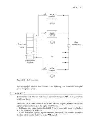 xDSL 177
operate at higher bit rates, and vice versa, and hopefully each subchannel will oper-
ate at its optimal speed.
Example 7.2
Estimate the total data rate that may be transmitted over an ADSL-Lite connection
employing QAM.
There are 256 × 4 kHz channels. Each DMT channel employs QAM with variable
options regarding the size of the signal constellation.
In Chapter 6 we stated that the bandwidth W for a binary ASK signal is 3R (where
R is the signalling rate in baud).
A four-point QAM signal is equivalent to two orthogonal ASK channels and hence
the data rate is double that for a single ASK signal.
QAM
modulator
QAM
modulator
QAM
modulator
Binary input
R bps
Series–parallel
converter
f2
f1
x1R
x2R
xnR
fn
DMT
signal output
etc.
Figure 7.10 DMT transmitter.
DCAC07 2/27/06 11:48 AM Page 177
 