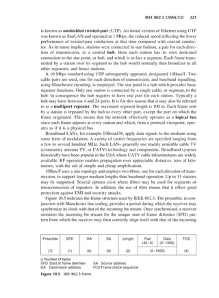 IEEE 802.3 CSMA/CD 221
is known as unshielded twisted-pair (UTP). An initial version of Ethernet using UTP
was known as StarLAN and operated at 1 Mbps, the reduced speed reflecting the lower
performance of twisted-pair conductors at that time compared with coaxial conduc-
tor. As its name implies, stations were connected in star fashion, a pair for each direc-
tion of transmission, to a central hub. Here each station has its own dedicated
connection to the star point, or hub, and which is in fact a segment. Each frame trans-
mitted by a station over its segment to the hub would normally then broadcast to all
other segments, and hence stations.
A 10 Mbps standard using UTP subsequently appeared, designated 10BaseT. Two
cable pairs are used, one for each direction of transmission, and baseband signalling,
using Manchester encoding, is employed. The star point is a hub which provides basic
repeater functions. Only one station is connected by a single cable, or segment, to the
hub. In consequence the hub requires to have one port for each station. Typically a
hub may have between 4 and 24 ports. It is for this reason that it may also be referred
to as a multiport repeater. The maximum segment length is 100 m. Each frame sent
by a station is repeated by the hub to every other port, except the port on which the
frame originated. This means that the network effectively operates as a logical bus
since each frame appears at every station and which, from a protocol viewpoint, oper-
ates as if it is a physical bus.
Broadband LANs, for example 10Broad36, apply data signals to the medium using
some form of modulation. A variety of carrier frequencies are specified ranging from
a few to several hundred MHz. Such LANs generally use readily available cable TV
(community antenna TV, or CATV) technology and components. Broadband systems
historically have been popular in the USA where CATV cable infrastructures are widely
available. RF operation enables propagation over appreciable distances, tens of kilo-
metres, with the aid of simple and cheap amplification.
10BaseF uses a star topology and employs two fibres, one for each direction of trans-
mission, to support longer medium lengths than baseband operation. Up to 33 stations
may be supported. Several options exist where fibres may be used for segments or
interconnection of repeaters. In addition, the use of fibre means that it offers good
protection against EMI and security attacks.
Figure 10.5 indicates the frame structure used by IEEE 802.3. The preamble, in con-
junction with Manchester line coding, provides a period during which the receiver may
synchronize its clock with that of the incoming bit stream. Once synchronized, a receiver
monitors the incoming bit stream for the unique start of frame delimiter (SFD) pat-
tern from which the receiver may then correctly align itself with that of the incoming
Figure 10.5 IEEE 802.3 frame.
DCAC10 2/27/06 11:57 AM Page 221
 