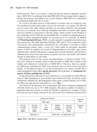 230 Chapter 10 • LAN standards
North America. There is, as always, a trade-off between speed of operation and dis-
tance. IEEE 802.11a, although faster than IEEE 802.11b, has a range which is approxi-
mately one order less. Nevertheless, for a given distance, IEEE 802.11a is anticipated
to outperform IEEE 802.11b on speed.
In a wired LAN there must be a high degree of security since it is relatively easy
for unauthorized parties physically to access the network, or its signals. WLANs are
far less secure since radio signals especially are not neatly confined to the geograph-
ical area of a network. It is relatively straightforward both to monitor radio signals
and even attempt to interconnect a WLAN station, whilst outside of the building or
site containing a LAN. With this in mind IEEE 802.11 includes an authentication pro-
cedure to ensure unauthorized parties do not gain access to a network. In addition
the Wired Equivalent Privacy (WEP), a security protocol, is specified to provide encryp-
tion and privacy. The WEP algorithm (Stallings 2002, pp471–473) is specified to pro-
vide privacy and authentication. Symmetrical key encryption is provided in which
communicating stations share a secret key, based upon an encryption algorithm
known as RC4. In addition two levels of authentication are provided: open system
authentication, whereby both parties exchange their network identities; and shared key
authentication, where each party shares an agreed secret key and enables full authen-
tication of both parties to each other.
The protocol stack for the various recommendations is shown in Figure 10.13.
The LLC sublayer is broadly similar to that described in IEEE 802.2 earlier in this
chapter and common to all derivatives of IEEE 802.11. However, there are signific-
ant differences regarding the MAC layer protocol, each of which will be described
shortly. At the physical layer we see that transmission is by means of either IR or
radio propagation using either spread spectrum (SS) techniques or orthogonal fre-
quency division multiplexing (OFDM).
At the physical layer IR may be used, operating at a wavelength of around 900 nm.
Line of sight propagation is not essential since transmission may succeed by means
of diffusion. Alternatively, RF propagation centres upon a carrier frequency of 2.4 GHz.
In either case data may be transmitted at 1 or 2 Mbps.
Two forms of SS operation are recommended. One form is frequency hopping SS
(FH–SS) which uses up to 79 1 MHz channels. The precise number of channels is
dependent upon the territory in which the WLAN is operated, for example 23 chan-
nels may be used in Japan whereas 70 are used in the USA. Different territories have
Figure 10.13 IEEE 802.11 protocol stack.
DCAC10 2/27/06 11:57 AM Page 230
 