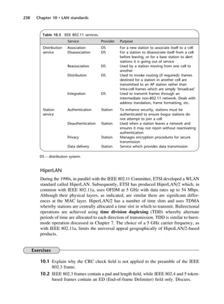238 Chapter 10 • LAN standards
Table 10.3 IEEE 802.11 services.
Service Provider Purpose
Distribution Association DS For a new station to associate itself to a cell
service Disassociation DS For a station to disassociate itself from a cell
before leaving, or for a base station to alert
stations it is going out of service
Reassociation DS Used by a station moving from one cell to
another
Distribution DS Used to invoke routing (if required): frames
destined for a station in another cell are
transmitted to an AP station rather than
intra-cell frames which are simply ‘broadcast’
Integration DS Used to transmit frames through an
intermediate non-802.11 network. Deals with
address translation, frame formatting, etc.
Station Authentication Station To enhance security, stations must be
service authenticated to ensure bogus stations do
not attempt to join a cell
Deauthentication Station Used when a station leaves a network and
ensures it may not rejoin without reactivating
authentication
Privacy Station Manages encryption procedures for secure
transmission
Data delivery Station Service which provides data transmission
DS – distribution system.
HiperLAN
During the 1990s, in parallel with the IEEE 802.11 Committee, ETSI developed a WLAN
standard called HiperLAN. Subsequently, ETSI has produced HiperLAN/2 which, in
common with IEEE 802.11a, uses OFDM at 5 GHz with data rates up to 54 Mbps.
Although their physical layers, as indicated, are similar there are significant differ-
ences at the MAC layer. HiperLAN/2 has a number of time slots and uses TDMA
whereby stations are centrally allocated a time slot in which to transmit. Bidirectional
operations are achieved using time division duplexing (TDD) whereby alternate
periods of time are allocated to each direction of transmission. TDD is similar to burst-
mode operation discussed in Chapter 7. The choice of a 5 GHz carrier frequency, as
with IEEE 802.11a, limits the universal appeal geographically of HiperLAN/2-based
products.
Exercises
10.1 Explain why the CRC check field is not applied to the preamble of the IEEE
802.3 frame.
10.2 IEEE 802.3 frames contain a pad and length field, while IEEE 802.4 and 5 token-
based frames contain an ED (End-of-frame Delimiter) field only. Discuss.
DCAC10 2/27/06 11:57 AM Page 238
 