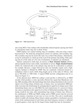 Fibre Distributed Data Interface 241
ants (using MLT-3 line coding) with considerably reduced repeater spacing and which
in consequence limits ring size to about 10 km.
FDDI employs two counter-rotating rings for reliability, with each using a token-
based protocol. The dual-ring arrangement consists of a primary and secondary ring.
The secondary ring may be used in the same way as that of the primary. Alternatively,
it may be used purely as a back-up in the event of the primary ring failing. Node spac-
ing may be of the order of a few tens of kilometres, if repeaters are introduced.
Stations connected to both rings are known as Dual Attached Stations (DASs),
and are typically devices such as hubs, concentrators or servers. Single Attached Stations
(SASs) are connected only to the primary ring and may be workstations or printers,
for example. Because a single SAS device does not normally require such a high-
capacity medium as afforded by FDDI, they are commonly connected instead to a
multiplexer which is itself a DAS. Ring length can be of the order of 100 km, with
up to 500 DASs or 1000 SASs. A typical FDDI network configuration may be as
shown in Figure 11.1.
At the physical layer 4B5B line coding is used and this is followed by an NRZI
encoder which produces a more spectrally efficient line signal than Manchester cod-
ing. NRZ encoding suffers the disadvantage that clock timing information in the received
signal is lost if long strings of binary ones, or binary zeros, are transmitted. NRZI par-
tially overcomes this disadvantage by arranging that no signal-level change occurs when
transmitting binary ones (as with NRZ) but each transmission of a successive binary
one causes a transition in the signal level (a form of differential encoding). Hence clock
timing would be lost only when transmitting long strings of binary ones. However,
the combination of 4B5B and NRZI coding used in FDDI ensures that the received
signal contains a transition at least once in every two bits. The code is insufficiently
robust to enable self-clocking. Hence frames contain a preamble to synchronize receiver
clocks at the commencement of each frame and clock frequency accuracy is sufficient
to guard against a clock slip for the longest frame length that may be transmitted.
Figure 11.1 FDDI attachments.
DCAC11 2/27/06 11:59 AM Page 241
 