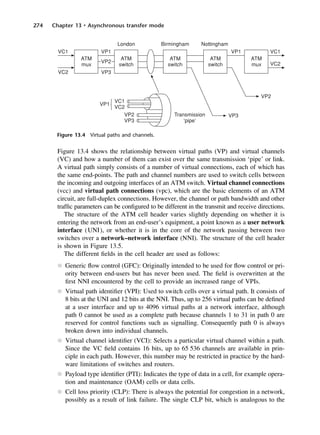 274 Chapter 13 • Asynchronous transfer mode
Figure 13.4 Virtual paths and channels.
Figure 13.4 shows the relationship between virtual paths (VP) and virtual channels
(VC) and how a number of them can exist over the same transmission ‘pipe’ or link.
A virtual path simply consists of a number of virtual connections, each of which has
the same end-points. The path and channel numbers are used to switch cells between
the incoming and outgoing interfaces of an ATM switch. Virtual channel connections
(vcc) and virtual path connections (vpc), which are the basic elements of an ATM
circuit, are full-duplex connections. However, the channel or path bandwidth and other
traffic parameters can be configured to be different in the transmit and receive directions.
The structure of the ATM cell header varies slightly depending on whether it is
entering the network from an end-user’s equipment, a point known as a user network
interface (UNI), or whether it is in the core of the network passing between two
switches over a network–network interface (NNI). The structure of the cell header
is shown in Figure 13.5.
The different fields in the cell header are used as follows:
l Generic flow control (GFC): Originally intended to be used for flow control or pri-
ority between end-users but has never been used. The field is overwritten at the
first NNI encountered by the cell to provide an increased range of VPIs.
l Virtual path identifier (VPI): Used to switch cells over a virtual path. It consists of
8 bits at the UNI and 12 bits at the NNI. Thus, up to 256 virtual paths can be defined
at a user interface and up to 4096 virtual paths at a network interface, although
path 0 cannot be used as a complete path because channels 1 to 31 in path 0 are
reserved for control functions such as signalling. Consequently path 0 is always
broken down into individual channels.
l Virtual channel identifier (VCI): Selects a particular virtual channel within a path.
Since the VC field contains 16 bits, up to 65 536 channels are available in prin-
ciple in each path. However, this number may be restricted in practice by the hard-
ware limitations of switches and routers.
l Payload type identifier (PTI): Indicates the type of data in a cell, for example opera-
tion and maintenance (OAM) cells or data cells.
l Cell loss priority (CLP): There is always the potential for congestion in a network,
possibly as a result of link failure. The single CLP bit, which is analogous to the
DCAC13 2/27/06 12:06 PM Page 274
 