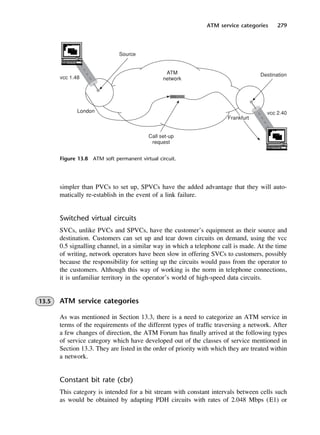 ATM service categories 279
Figure 13.8 ATM soft permanent virtual circuit.
simpler than PVCs to set up, SPVCs have the added advantage that they will auto-
matically re-establish in the event of a link failure.
Switched virtual circuits
SVCs, unlike PVCs and SPVCs, have the customer’s equipment as their source and
destination. Customers can set up and tear down circuits on demand, using the vcc
0.5 signalling channel, in a similar way in which a telephone call is made. At the time
of writing, network operators have been slow in offering SVCs to customers, possibly
because the responsibility for setting up the circuits would pass from the operator to
the customers. Although this way of working is the norm in telephone connections,
it is unfamiliar territory in the operator’s world of high-speed data circuits.
13.5 ATM service categories
As was mentioned in Section 13.3, there is a need to categorize an ATM service in
terms of the requirements of the different types of traffic traversing a network. After
a few changes of direction, the ATM Forum has finally arrived at the following types
of service category which have developed out of the classes of service mentioned in
Section 13.3. They are listed in the order of priority with which they are treated within
a network.
Constant bit rate (cbr)
This category is intended for a bit stream with constant intervals between cells such
as would be obtained by adapting PDH circuits with rates of 2.048 Mbps (E1) or
DCAC13 2/27/06 12:06 PM Page 279
 