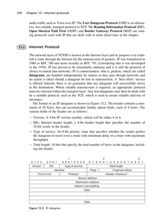 310 Chapter 15 • Internet protocols
Figure 15.2 IP datagram.
audio traffic such as Voice over IP. The User Datagram Protocol (UDP) is an alterna-
tive, less reliable, transport protocol to TCP. The Routing Information Protocol (RIP),
Open Shortest Path First (OSPF) and Border Gateway Protocol (BGP) are rout-
ing protocols used with IP that are dealt with in more detail later in the chapter.
15.2 Internet Protocol
The network layer of TCP/IP is known as the Internet layer and its purpose is to estab-
lish a route through the Internet for the transmission of packets. IP was formalized in
1980 as RFC 760 and more recently as RFC 791. Considering that it was developed
in the 1970s, IP has proved to be remarkably enduring and it is still the protocol of
choice in routed data networks. IP is connectionless: that is, packets, which are called
datagrams, are handled independently by routers as they pass though networks and
no action is taken should a datagram be lost in transmission. A ‘best effort’ service
is offered whereby there is no guarantee that any datagram will successfully arrive
at the destination. Where reliable transmission is required, an appropriate protocol
must be selected within the transport layer. Any lost datagrams may then be dealt with
by a suitable protocol, such as the TCP, which is used to ensure reliable delivery of
messages.
The format of an IP datagram is shown in Figure 15.2. The header contains a min-
imum of 20 bytes, but can accommodate further option fields, each of 4 bytes. The
various fields of the header are as follows:
l Version: A 4-bit IP version number, which will be either 4 or 6.
l IHL: Internet header length, a 4-bit header length that specifies the number of
32-bit words in the header.
l Type of service: An 8-bit priority value that specifies whether the sender prefers
the datagram to travel over a route with minimum delay or a route with maximum
throughput.
l Total length: 16 bits that specify the total number of bytes in the datagram, includ-
ing the header.
DCAC15 2/27/06 12:10 PM Page 310
 